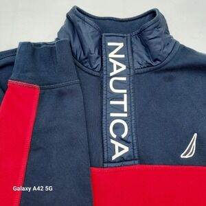 Nautica Mens Small Pullover Sweatshirt Colorblock 1/4 Snap Mock Neck
